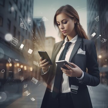 Fast & Convenient: Executive Woman on-the-go Making Secure Mobile Payments in City with Ease & Confidence Using Modern Payment App! Generative AI