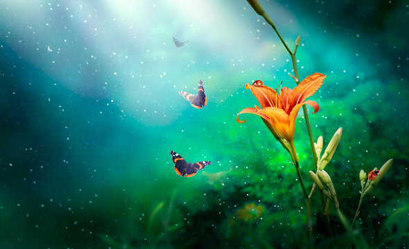 Lily flower with ladybugs and flying Butterflies in Fantasy magical Emerald colored garden in fairy tale elf Forest, fairytale floral glade background, elven magic wood in dark night with moon rays.