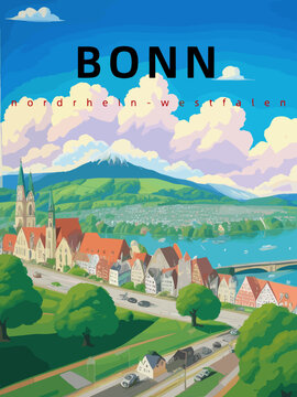 Bonn: Retro tourism poster with an German landscape and the headline Bonn in Nordrhein-Westfalen