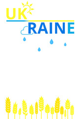 Illustration of rain under the text "Ukraine", over a wheat field, the concept Ukraine is a peaceful country