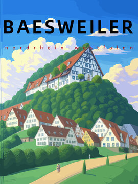 Baesweiler: Retro tourism poster with an German landscape and the headline Baesweiler in Nordrhein-Westfalen