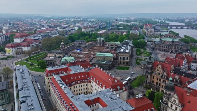 Drone shot of The Zwinger ( Dresdner Zwinger ) , it is a palatial complex with gardens in Dresden, Germany . It is one of the most important buildings of the Baroque period in Germany .
