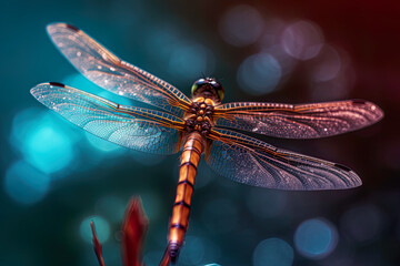 Macro closeup of a dragonfly hovering over a pond , Generative AI