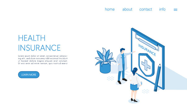 Landing page Doctors Characters stand near Health Insurance Contract. Isometric vector.