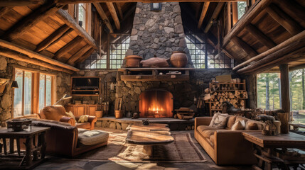 Fototapeta na wymiar Rustic western house interior with large fireplace by generative AI