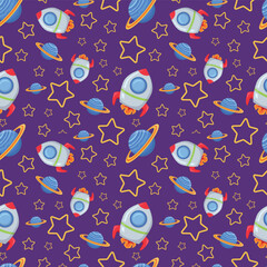 Childish seamless pattern with spaceship and stars. Hand-drawn spatial elements seamless background. Cosmic background. Space doodle illustration. Vector illustration. Seamless background with cartoon