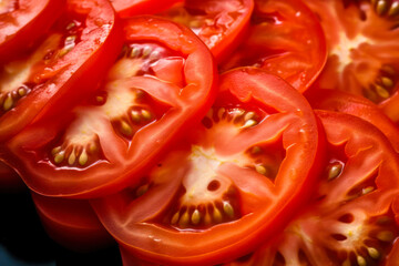 a closeup of sliced tomatos on a wooeden board