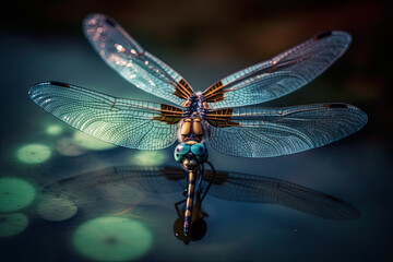 Macro View of a dragonfly hovering over a pond, Generative AI