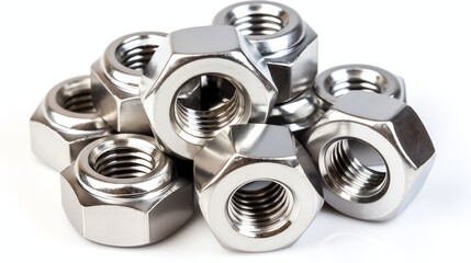 a bunch of Steel Hex nuts on a white background