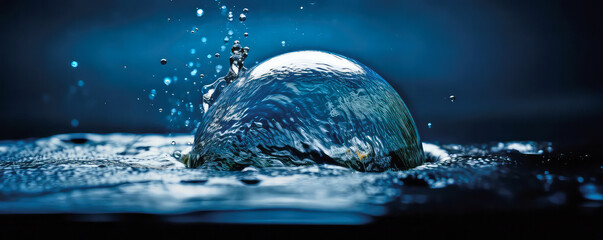 Macro photo of a water bubble, panoramic web banner or background in blue colors, generative AI