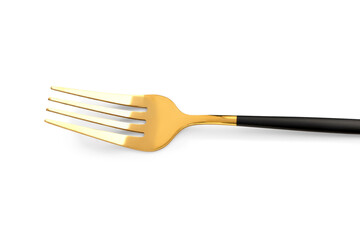 Golden fork with black handle on white background