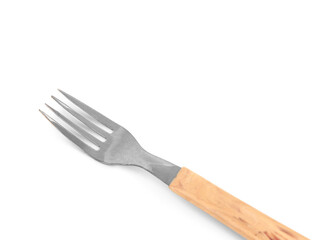 Silver fork with wooden handle on white background
