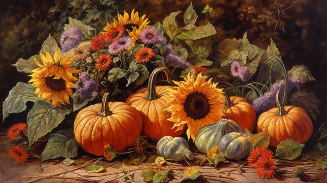 painting of pumpkins and sunflowers with leaves