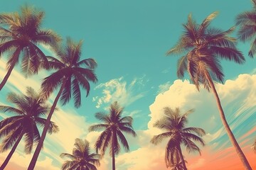 Fototapeta na wymiar Landscape of palm trees and sky in retro style. Colorful summer template. Generative AI