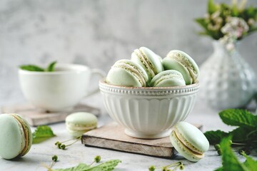 Homemade green macarons with copy space, selective focus