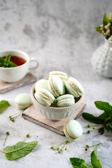 Homemade green macarons with copy space, selective focus