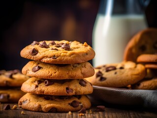 Chocolate chip cookies stacked high with a glass of milk. Generative AI