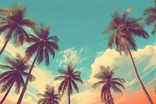Landscape of palm trees and sky in retro style. Colorful summer template. Generative AI