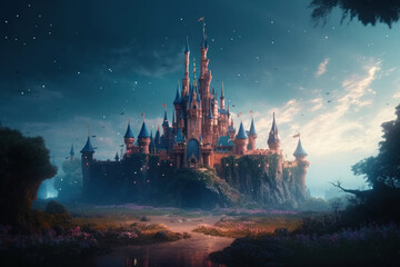 Naklejka premium Fairy tale castle at dusk