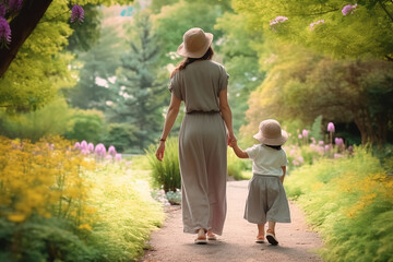 Fototapeta premium a loving mother walks hand-in-hand with her young child. generative AI tools