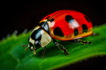 Macro closeup of A colorful photo of a ladybug crawling on a green leaf, Generative AI