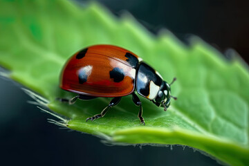 closeup of A colorful photo of a ladybug crawling on a green leaf, Generative AI