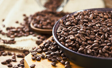Dish by choosing coffee and spoonful and glass blurred in the background