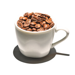 Cup full of coffee beans in white and shadow.