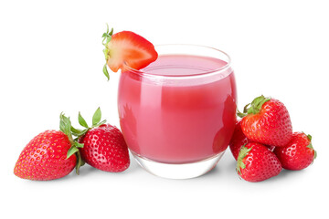 Glass with tasty strawberry smoothie on white background