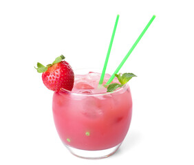 Glass of tasty strawberry smoothie with ice cubes on white background