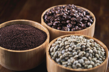 three types of coffee bean in a wooden bowl