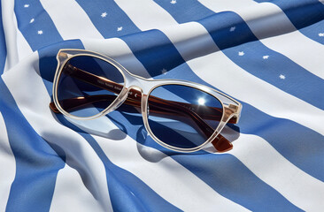 Sunglasses on Blue and White Striped Towel Blanket Scarf Fabric Summer Sun Generative AI