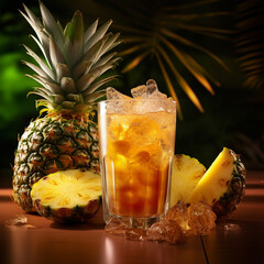 A pineapple cocktail with ice cubes and a pineapple on the side.