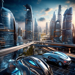 Fototapeta na wymiar cars in the futuristic city