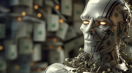 Futuristic robotic Artificial Intelligence (AI) head with imaginable currency bills in the backgrounds created with Generative AI