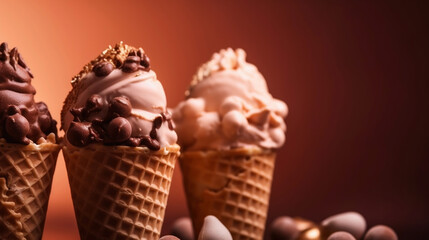 Delicious ice creams of different flavors in cones. Refreshing chocolate, vanilla, strawberry ice creams... with dried fruit shavings such as peanuts, cashews, almonds. Image generated by AI.