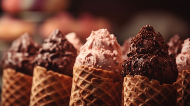 Delicious ice creams of different flavors in cones. Refreshing chocolate, vanilla, strawberry ice creams... with dried fruit shavings such as peanuts, cashews, almonds. Image generated by AI.