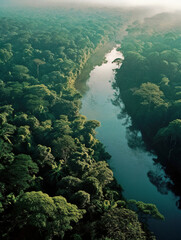 Naklejka na ściany i meble Aerial View of the Amazon bathed in beautiful light, surrounded by lush Amazon rainforest - generative ai