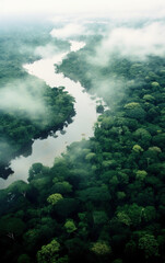 Aerial View of the Amazon bathed in beautiful light, surrounded by lush Amazon rainforest - generative ai