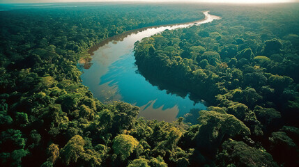 Fototapeta na wymiar Aerial View of the Amazon bathed in beautiful light, surrounded by lush Amazon rainforest - generative ai