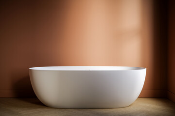 White bathtub on wooden floor in front of orange wall with copy space. 3d render