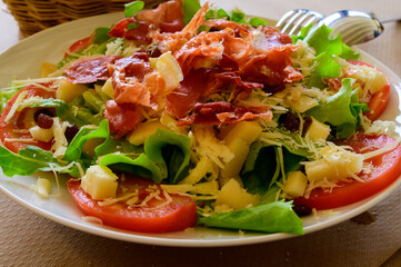 Healthy food, fresh summer mixed salad with green lettuce salad leaves, cucumbers, tomatoes, cheese and bacon
