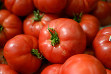 Assortment of french salad tomatoes, new harvest of big heirloom tomatoes on market in Provence, France