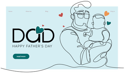 Hugs of a father with a child. One continuous line drawing banner, background, poster with family embrace. Happy Father Day simple vector illustration of child and father. Vector illustration - obrazy, fototapety, plakaty