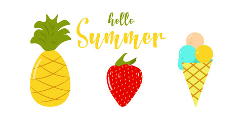 Set of summer elements, beach, summer accessory. Rest. Pineapple, strawberries, ice cream. Vector flat illustration.
