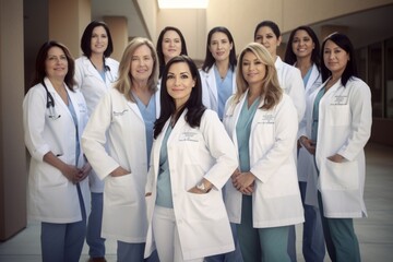 Portrait of medical team standing together in corridor of hospital with arms crossed