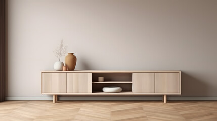 Simple minimal cabinet for tv interior wall mockup. - obrazy, fototapety, plakaty