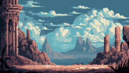 pixel art game level background, 8 bit, landscape, arcade video game, pixelated ruins of the ancient city, vector © hiten666
