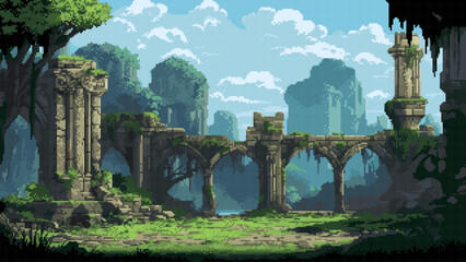 pixel art game level background, 8 bit, landscape, arcade video game, pixelated ruins of the ancient city, vector © hiten666