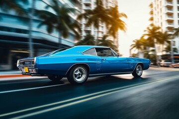 Fototapeta na wymiar Blue muscle car cruising Ocean Drive Miami. Generative AI